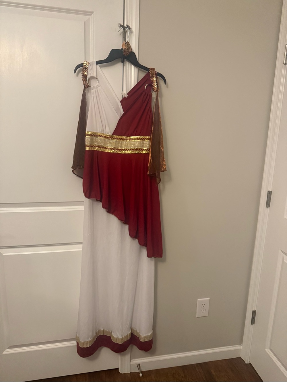 One-Shoulder Red and White Grecian Dress with Gold Trim